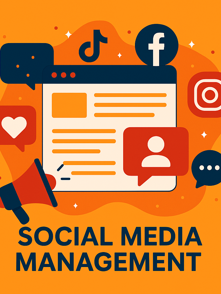 Social Media Management Graphic promoting social media management with icons of popular platforms and a megaphone.